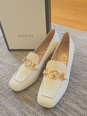 GUCCI Cream Leather Horsebit Block Heel for Women